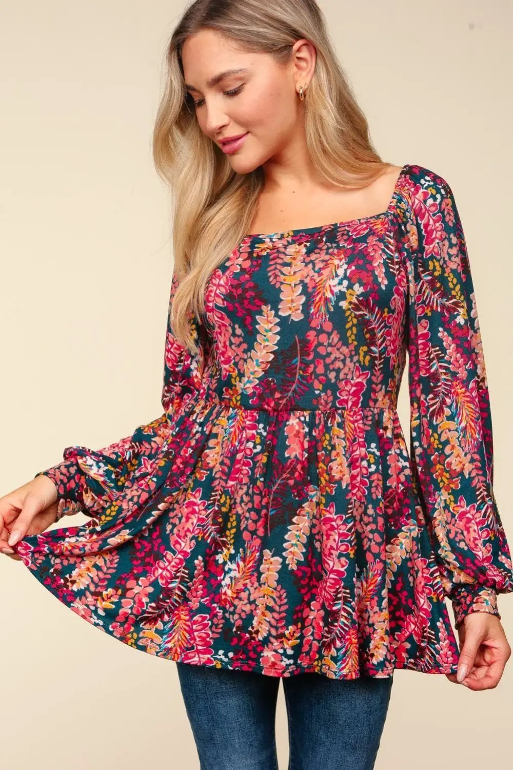 Haptics Full Size Peplum Floral Square Neck Blouse by Trendsi