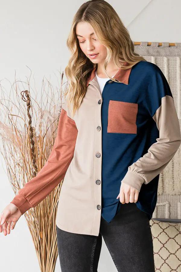 Heimish Full Size Color Block Button Down Shirt by Trendsi