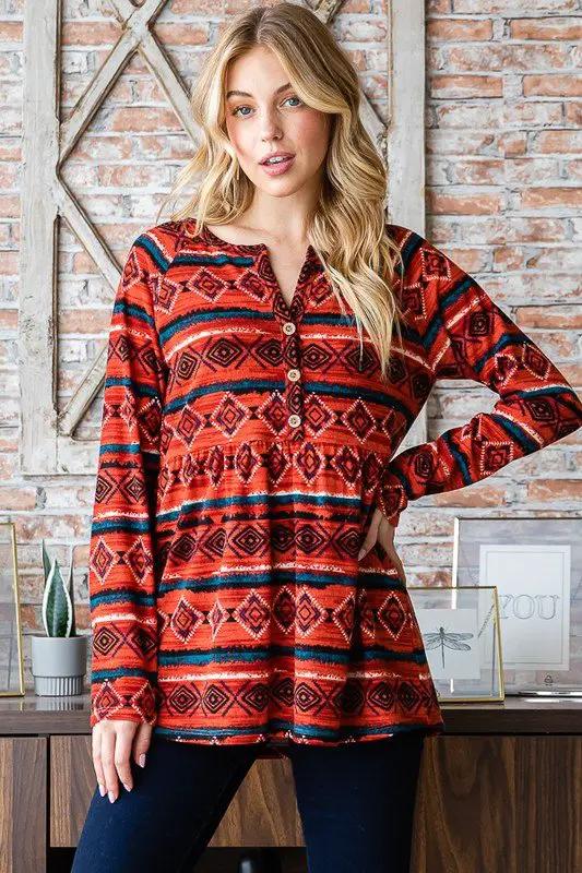 Heimish Full Size Geometric Button Detail Long Sleeve Babydoll Top by Trendsi