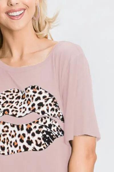 Heimish Full Size Leopard Lip Round Neck Short Sleeve T-Shirt Plus Size by Trendsi