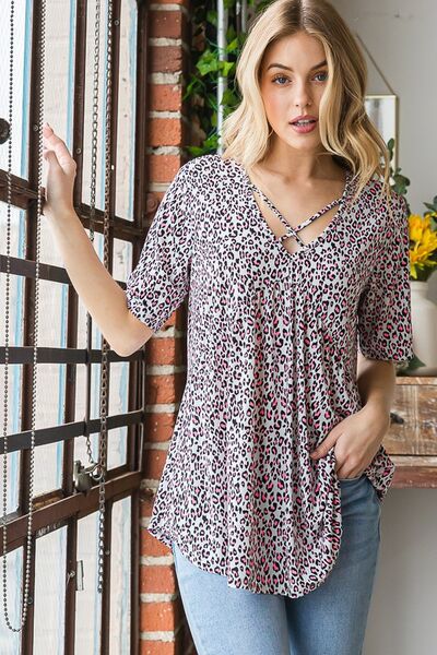 Heimish Full Size Short Sleeve Crisscross Animal Babydoll Top Plus Size - Bitsy Gypsy Boutique