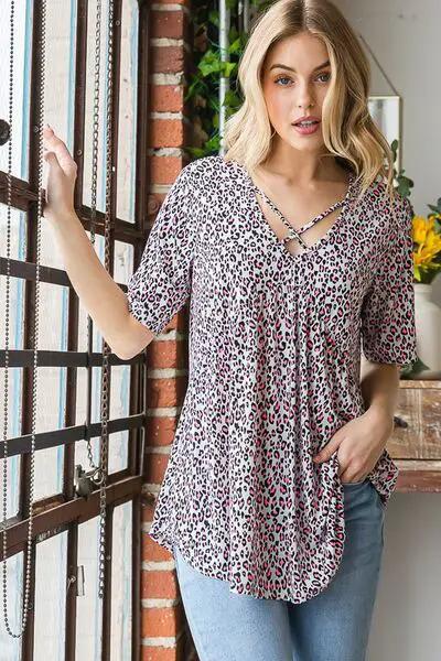 Heimish Full Size Short Sleeve Crisscross Animal Babydoll Top Plus Size by Trendsi