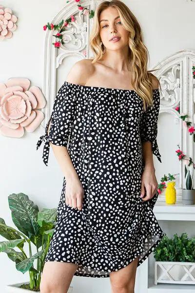 Heimish Full Size Short Sleeve Off Shoulder Animal Mini Dress Plus Size by Trendsi