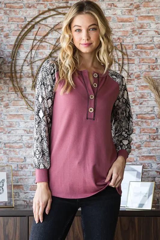 Heimish Full Size Snakeskin Print Raglan Sleeve Half Button Top by Trendsi