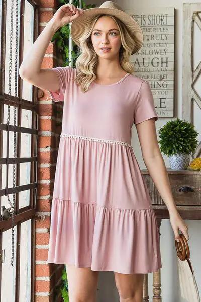 Heimish Full Size Solid Mini Tiered Dress with Pompom Lace Plus Size by Trendsi