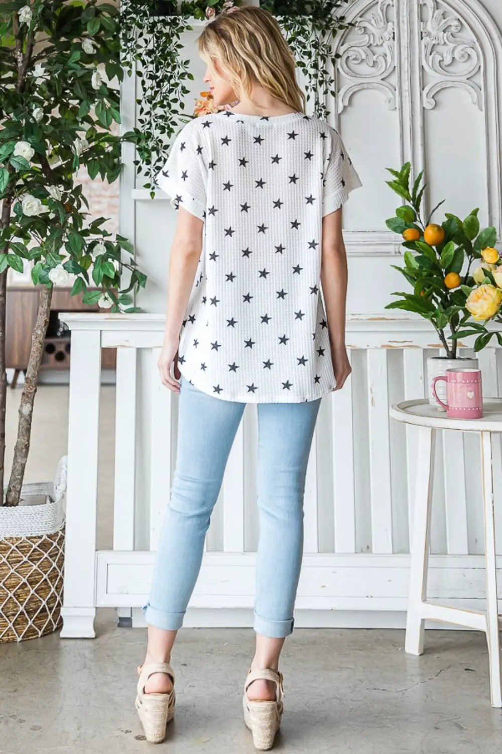 Heimish Full Size Star Print Short Sleeve V-Neck Waffle Knit T-Shirt by Trendsi