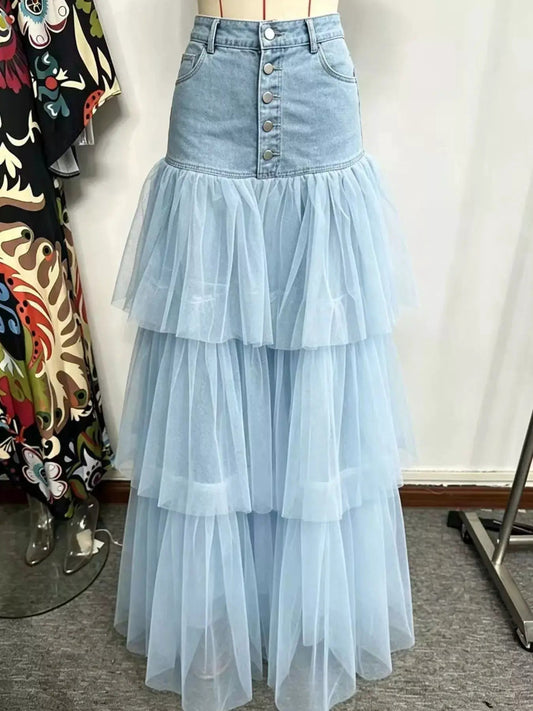 High-Waisted Button-Front Denim and Tulle Maxi Skirt - Bitsy Gypsy Boutique