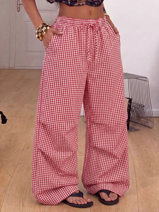 High-Waisted Gingham Wide-Leg Drawstring Pants - Bitsy Gypsy Boutique