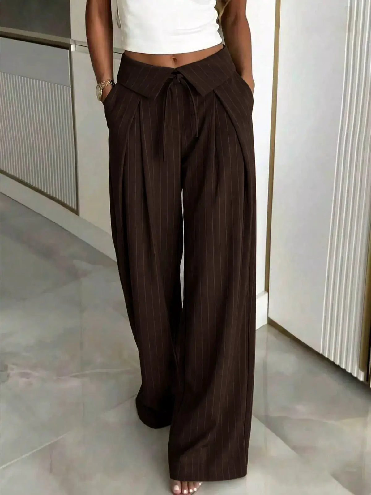High-Waisted Wide-Leg Pinstripe Pants by Trendsi