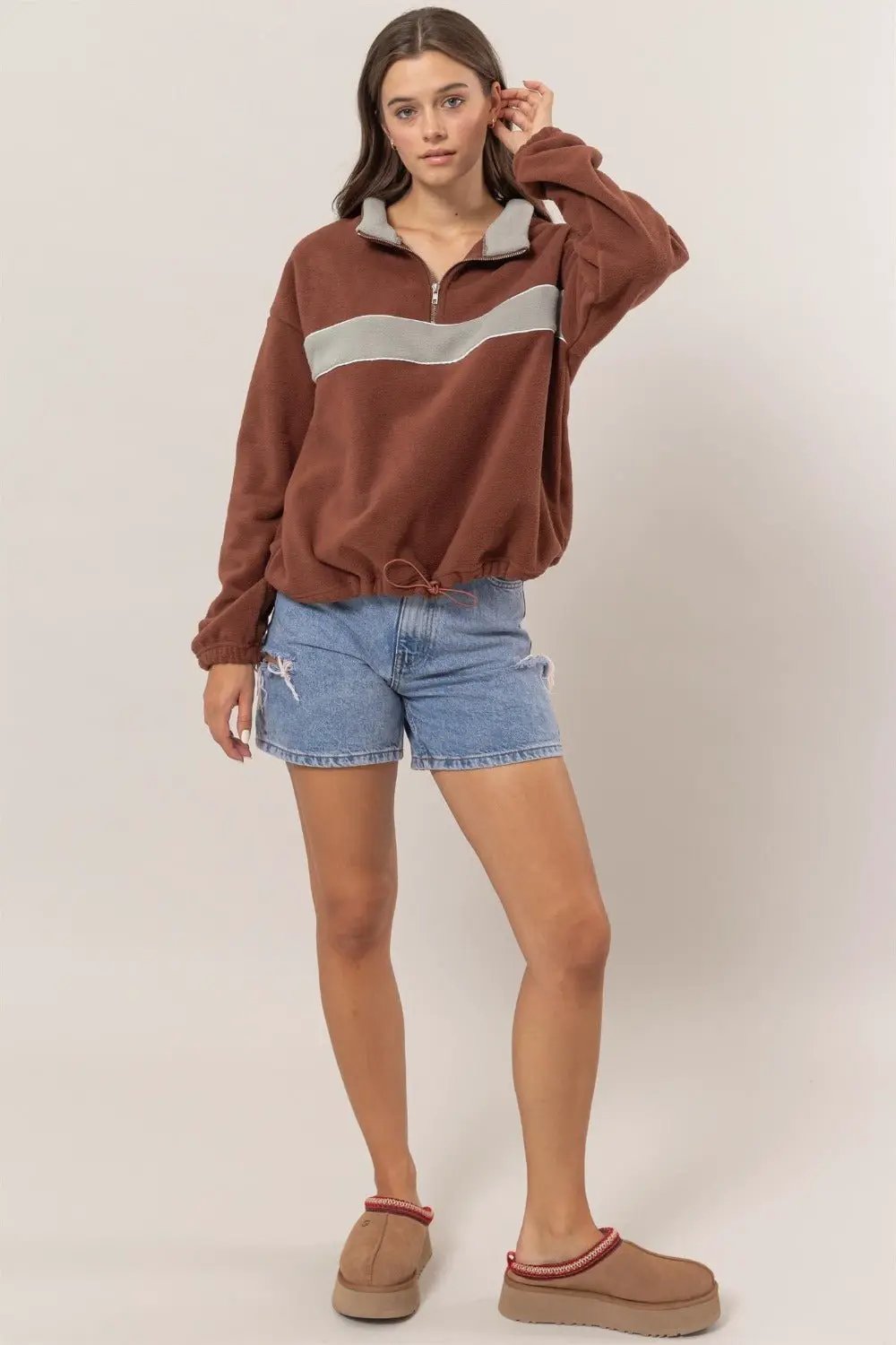 HYFVE Fleece Color Block Half Zip Sweatshirt by Trendsi