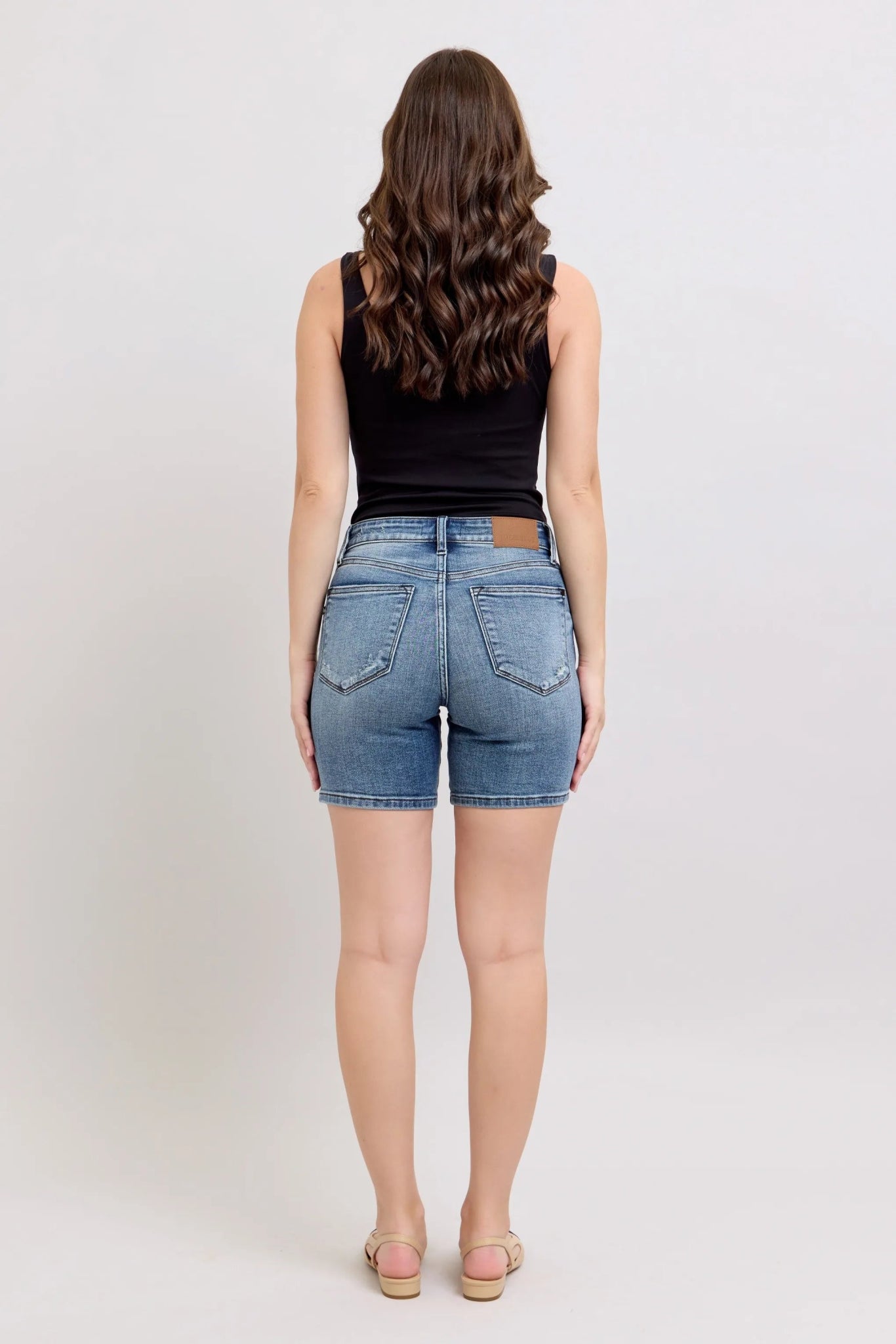 Judy Blue Button Fly Mid Length Denim Shorts W/ Destroy - Bitsy Gypsy Boutique