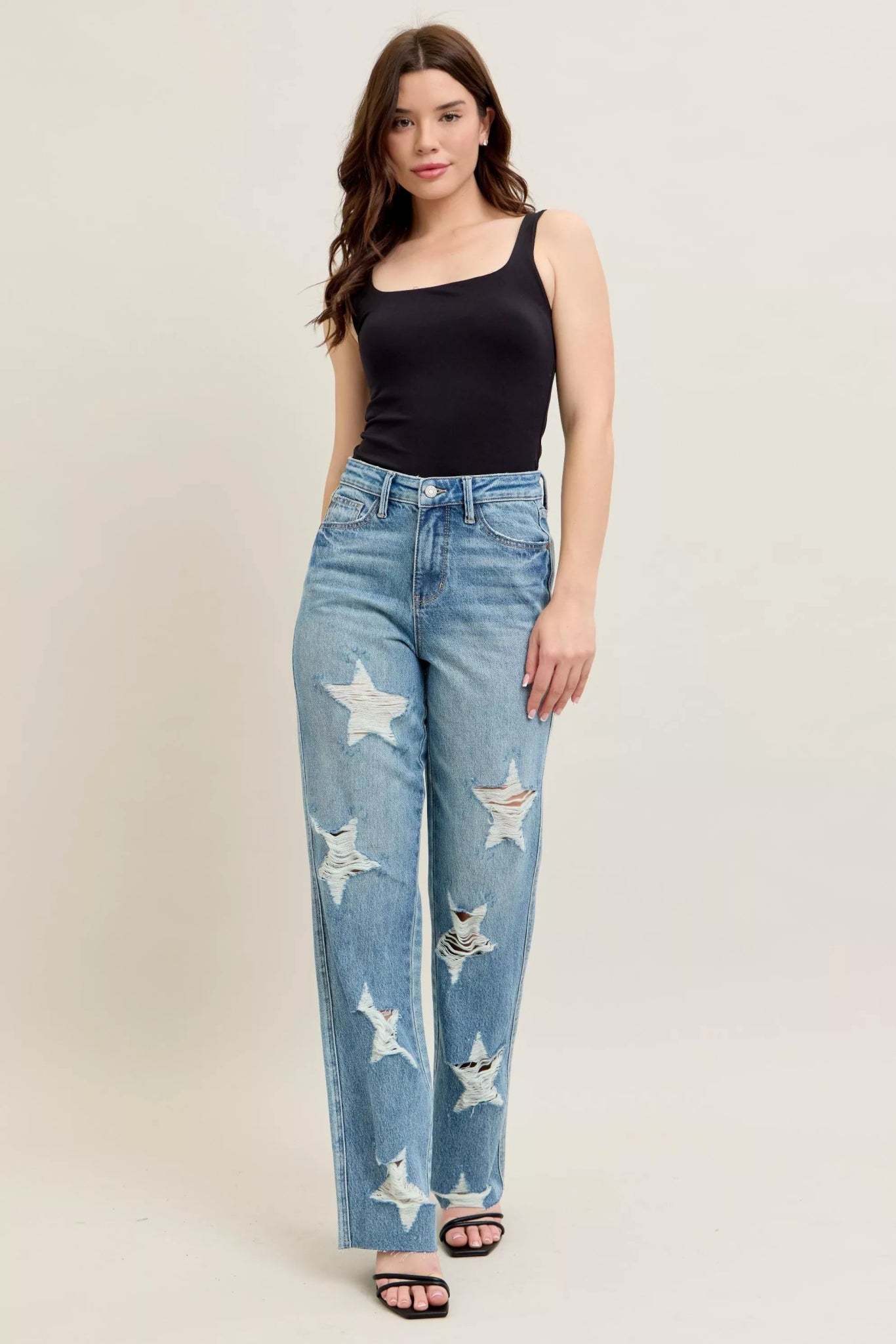 Judy Blue Full Size High Waist Rigid Magic Star Shaped Destroy 90's Straight Jeans Plus Size - Bitsy Gypsy Boutique