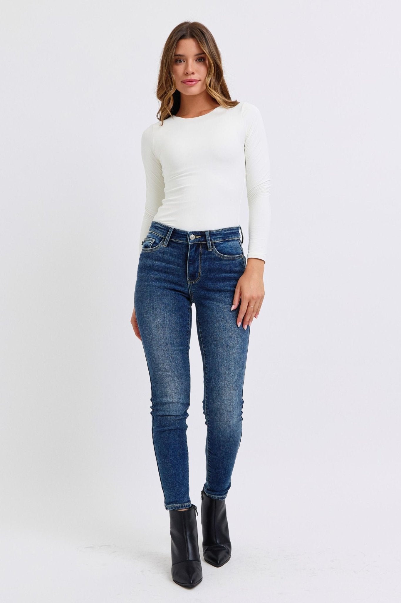Judy Blue Full Size Mid - Rise Waist Skinny Jeans with Pockets - Bitsy Gypsy Boutique