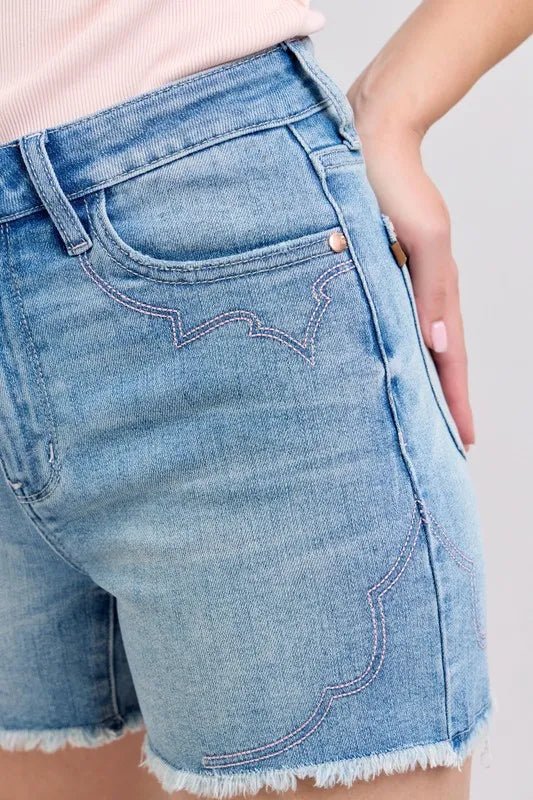 Judy Blue High Waist Western Embroidery Detail Cut Off Denim Shorts - Bitsy Gypsy Boutique