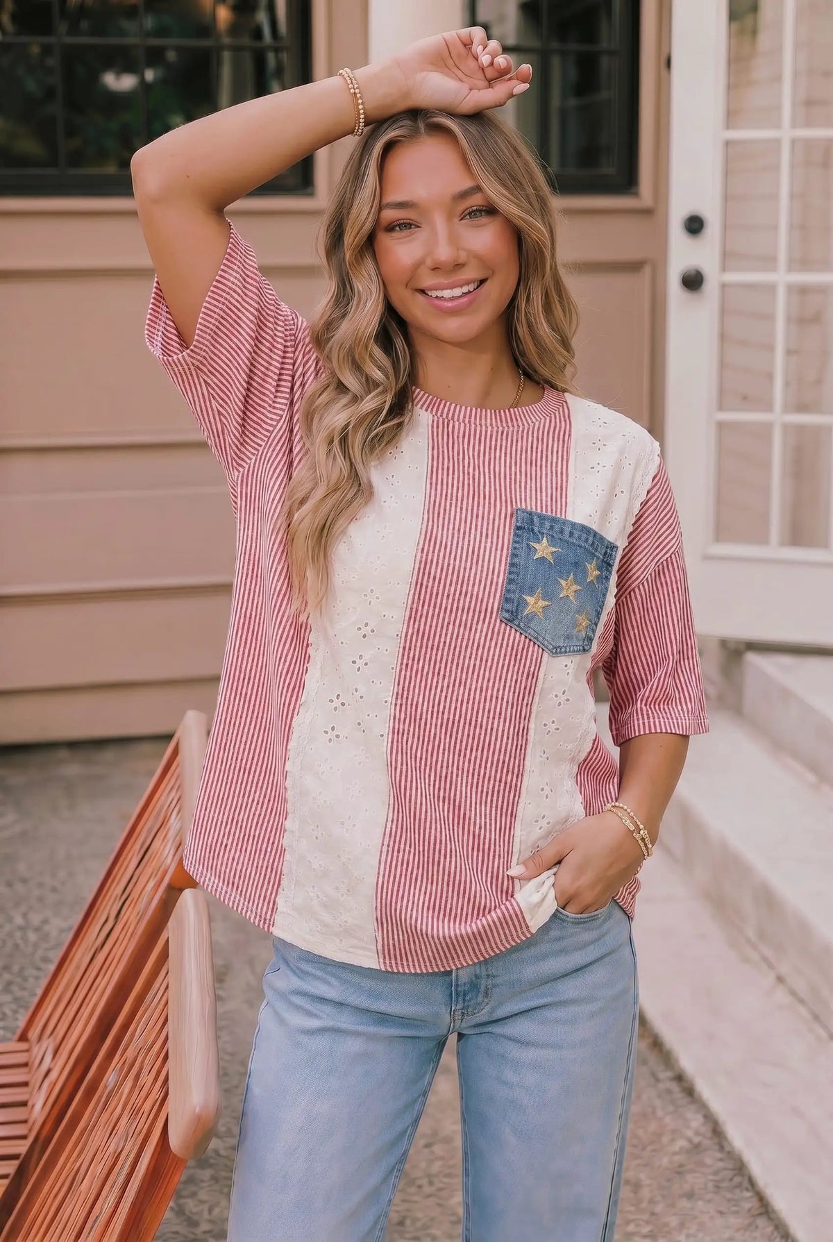 Stars and Stripes Eyelet Pocket Top by Kori America