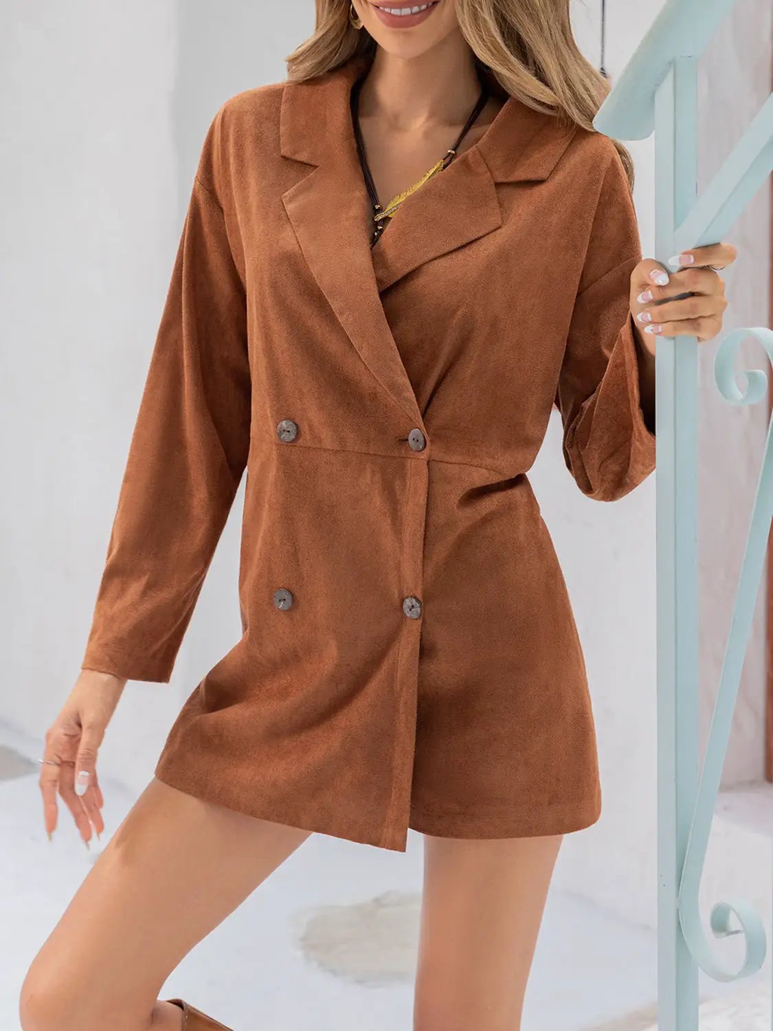 Lapel Collar Long Sleeve Romper by Trendsi