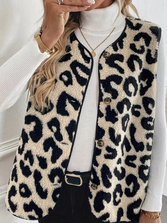 Leopard Print Button Front Lined Vest - Bitsy Gypsy Boutique