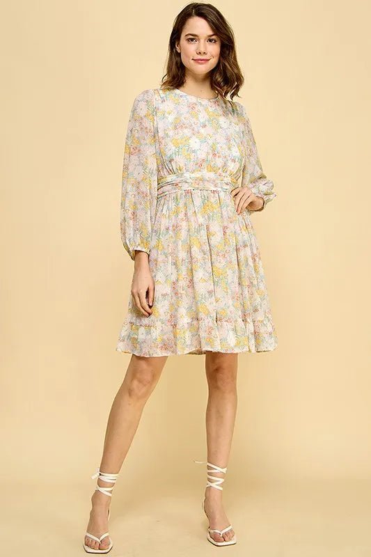 Lime 'N' Chili Chiffon Floral Print Belted Dress with Back Zipper - Bitsy Gypsy Boutique