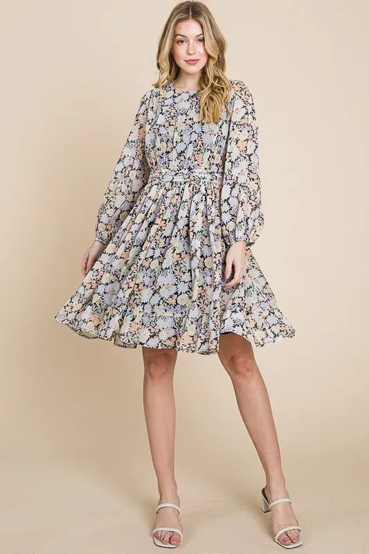 Lime 'N' Chili Chiffon Floral Print Belted Dress with Back Zipper - Bitsy Gypsy Boutique