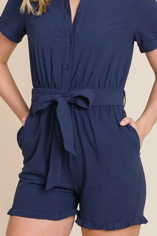 Lime 'N' Chili Collared Button Down Romper with Tie Belt by Trendsi