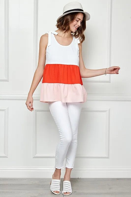 Lime 'N' Chili Color Block Sleeveless Tie Shoulder Babydoll Top - Bitsy Gypsy Boutique