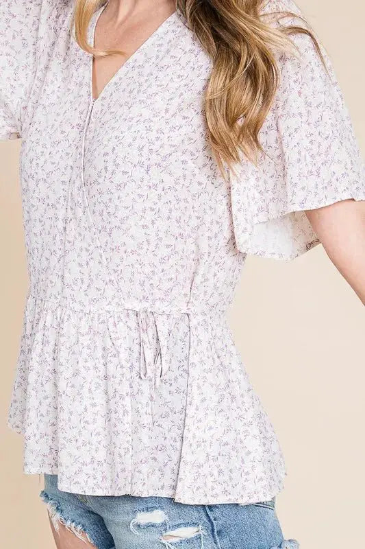 Lime 'N' Chili Ditsy Print V-Neck Short Sleeve Wrap Blouse by Trendsi