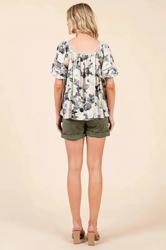 Lime 'N' Chili Floral Print Lace Trim Puff Sleeve Blouse by Trendsi