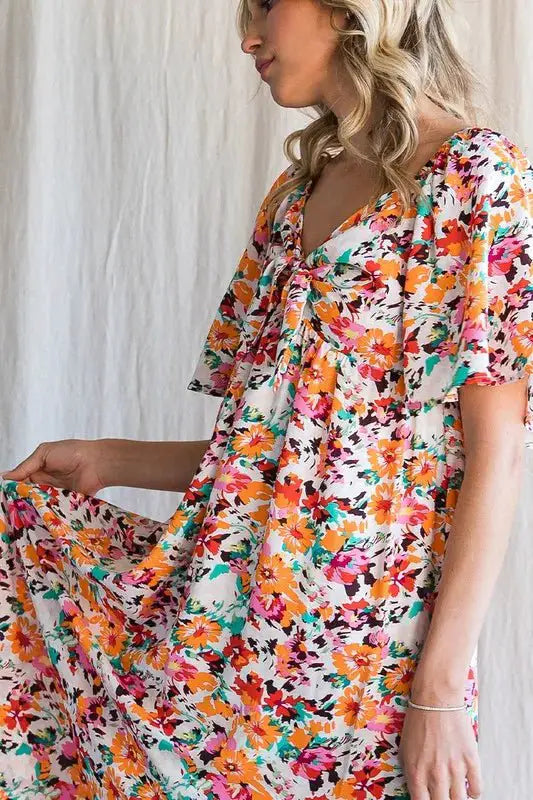 Lime 'N' Chili Floral Print Sweetheart Neck Tie Front Midi Dress by Trendsi