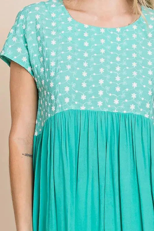 Lime 'N' Chili Full Size Embroidered Short Sleeve Pleated Babydoll Top Plus Size by Trendsi