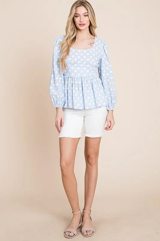 Lime 'N' Chili Polka Dot Print Balloon Sleeve Babydoll Peplum Top - Bitsy Gypsy Boutique