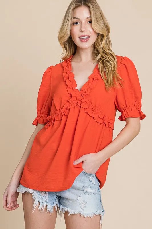 Lime 'N' Chili Solid Ruffled Deep V - Neck Puff Sleeve Babydoll Top - Bitsy Gypsy Boutique