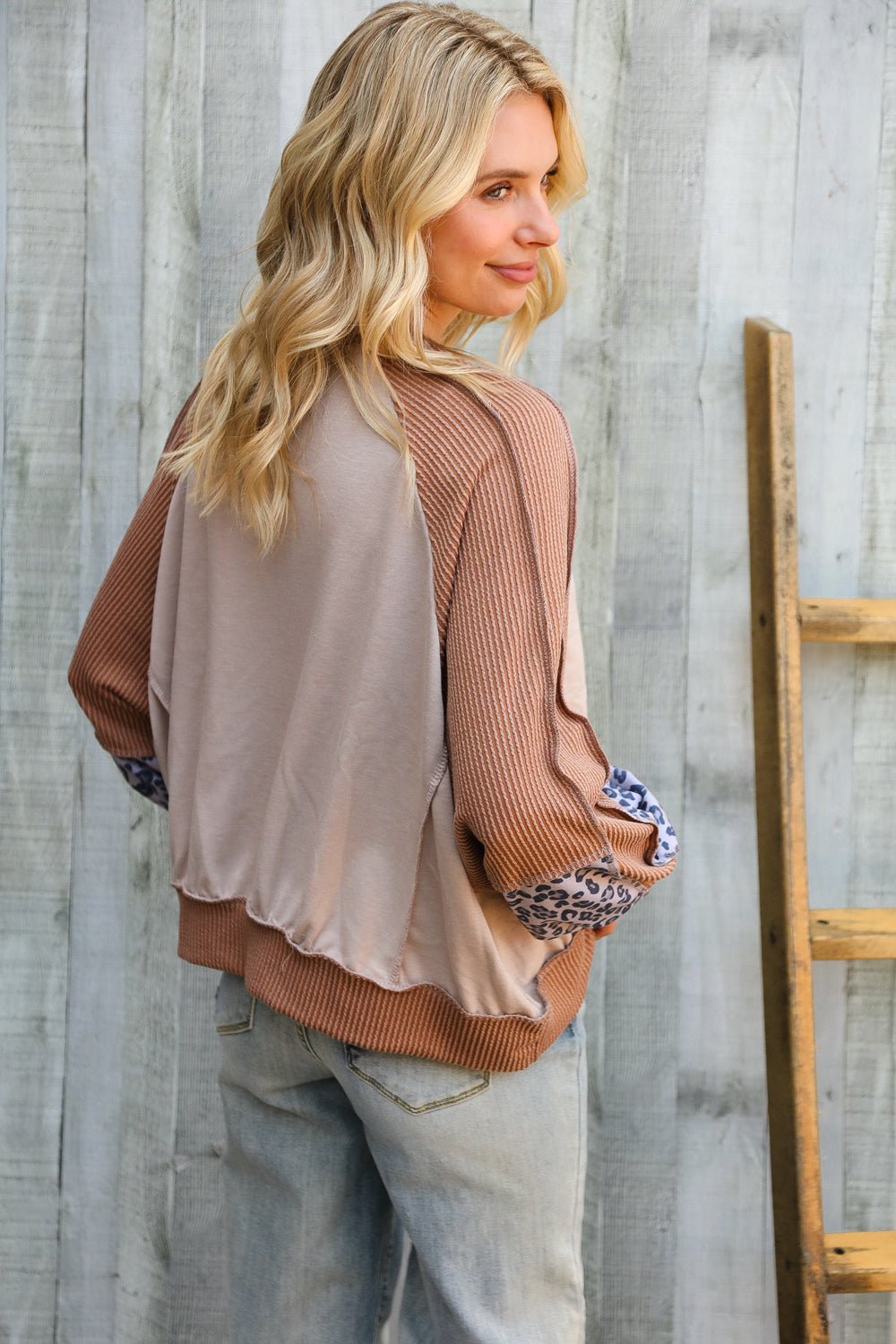 Lock Eyes Taupe & Animal Print Dolman Colorblock Terry Top - Bitsy Gypsy Boutique