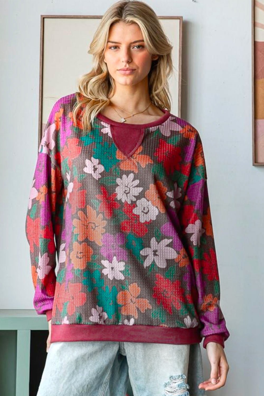 Look Adorable Brown/Multicolor Floral Waffle Terry Reverse Stitch Pullover - Bitsy Gypsy Boutique