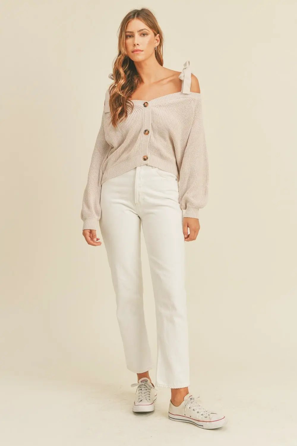 MABLE Off Shoulder Self Tie Strap Button Down Sweater by Trendsi