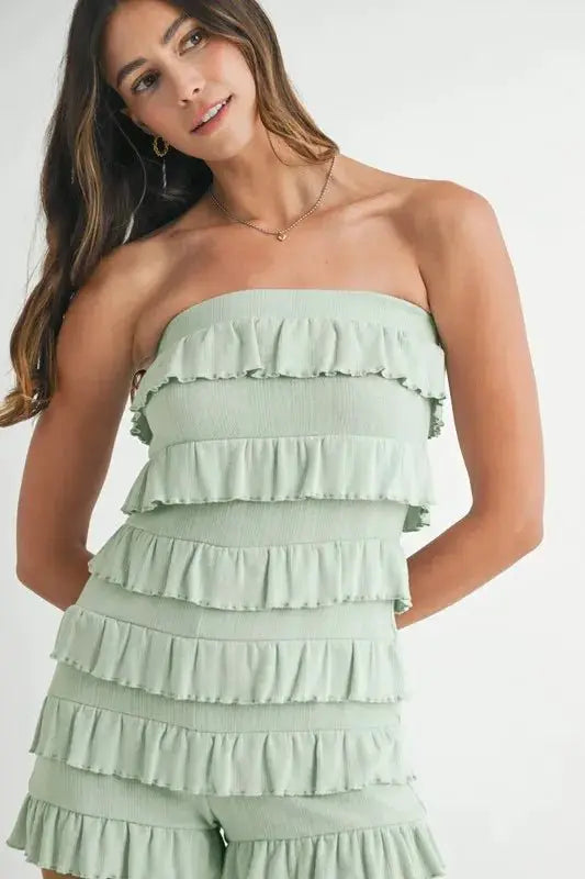 MABLE Pointelle Knit Fabric Ruffled Tube Romper by Trendsi