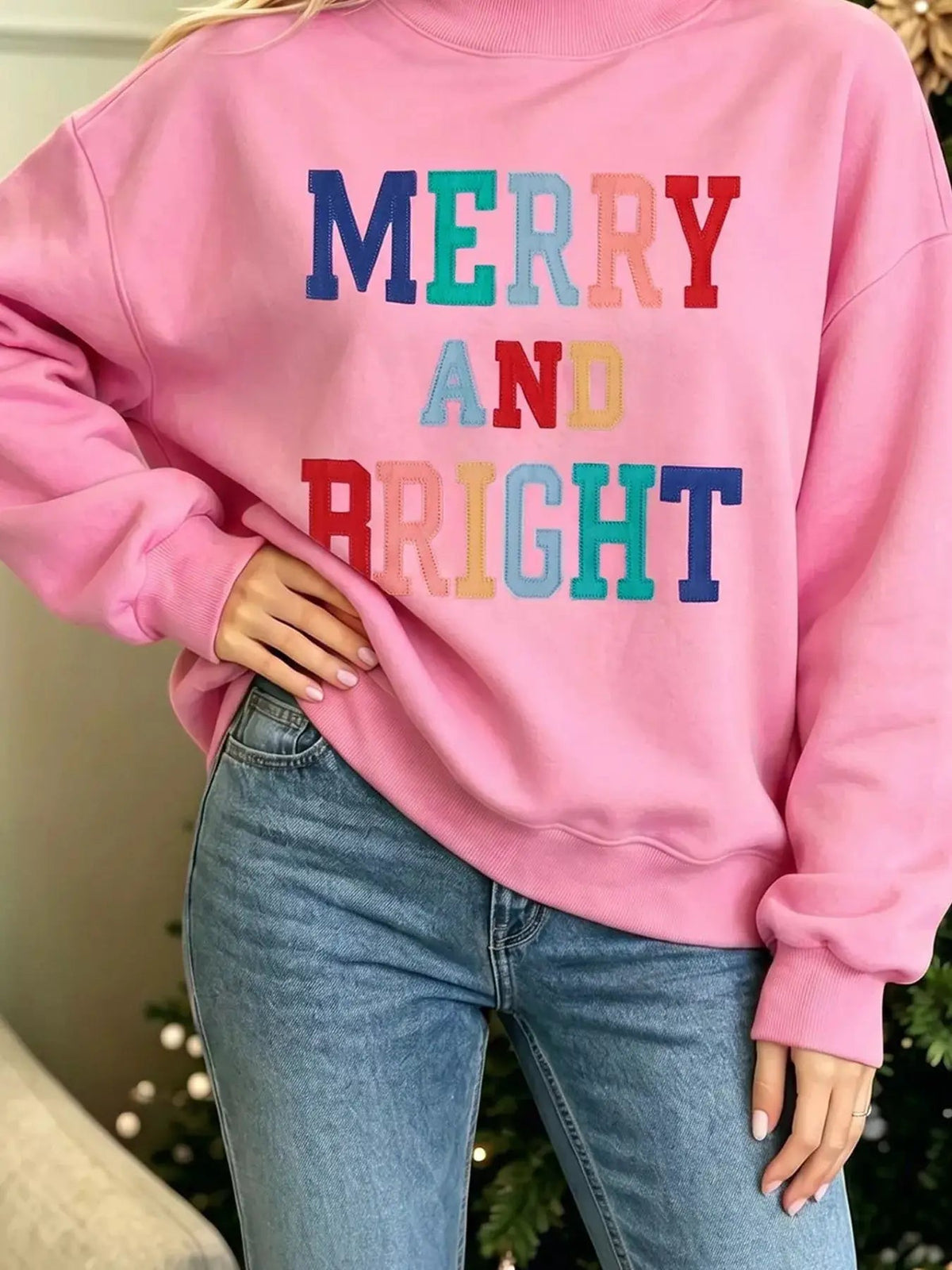 Merry And Bright Stitched Letter Mock Neck Sweatshirt - Bitsy Gypsy Boutique