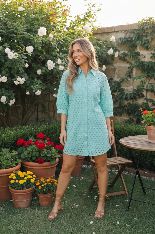 Mint Eyelet Button Front Shirt Dress - Bitsy Gypsy Boutique