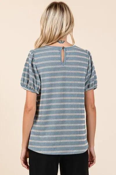 Mittoshop Contrast Striped Short Puff Sleeve Knit Top by Trendsi