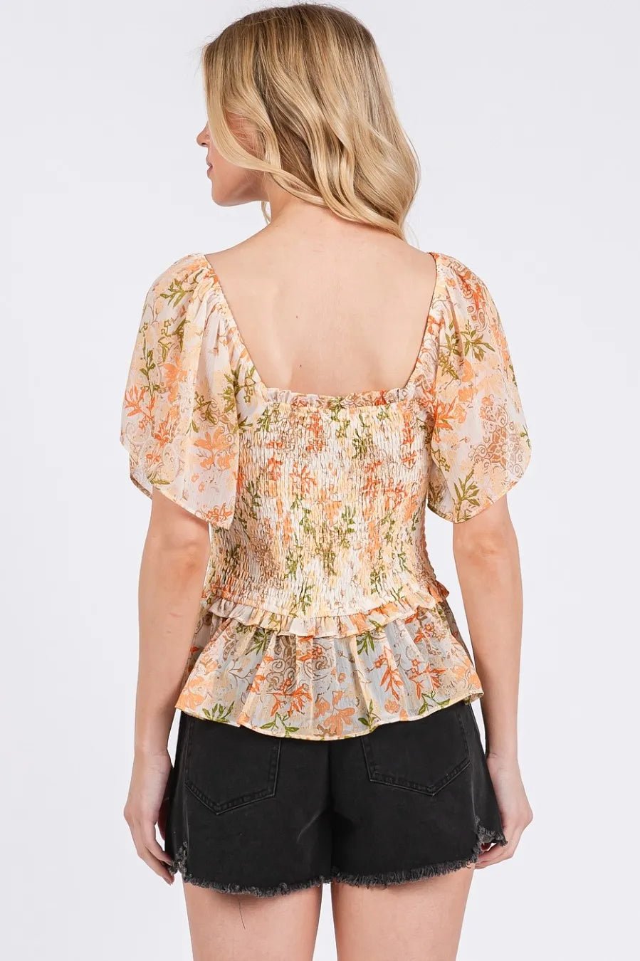 Mittoshop Floral Chiffon Smocked Square Neck Peplum Top - Bitsy Gypsy Boutique