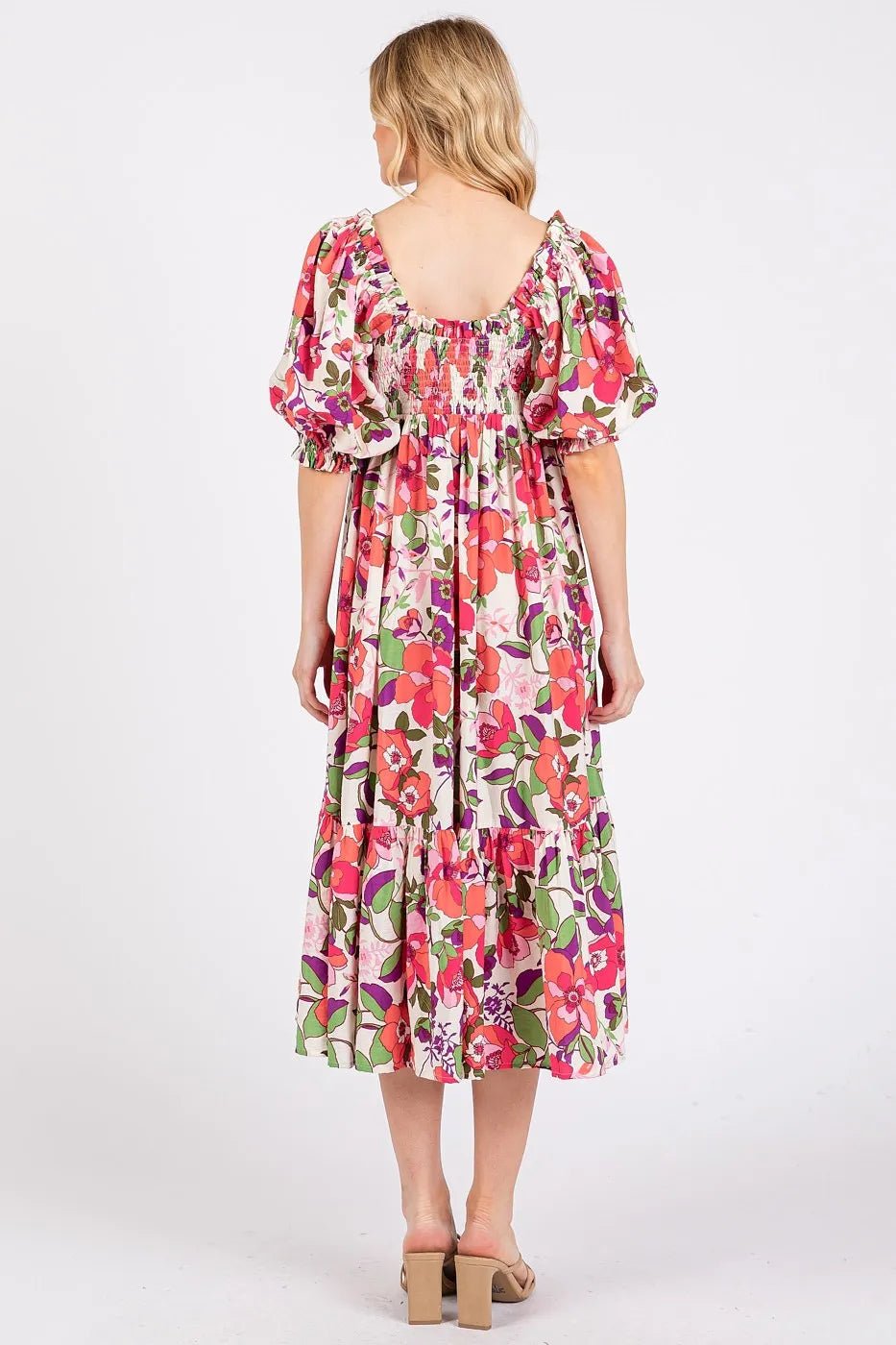 Mittoshop Flower Print Puff Sleeve Ruffle Smocked Midi Dress - Bitsy Gypsy Boutique