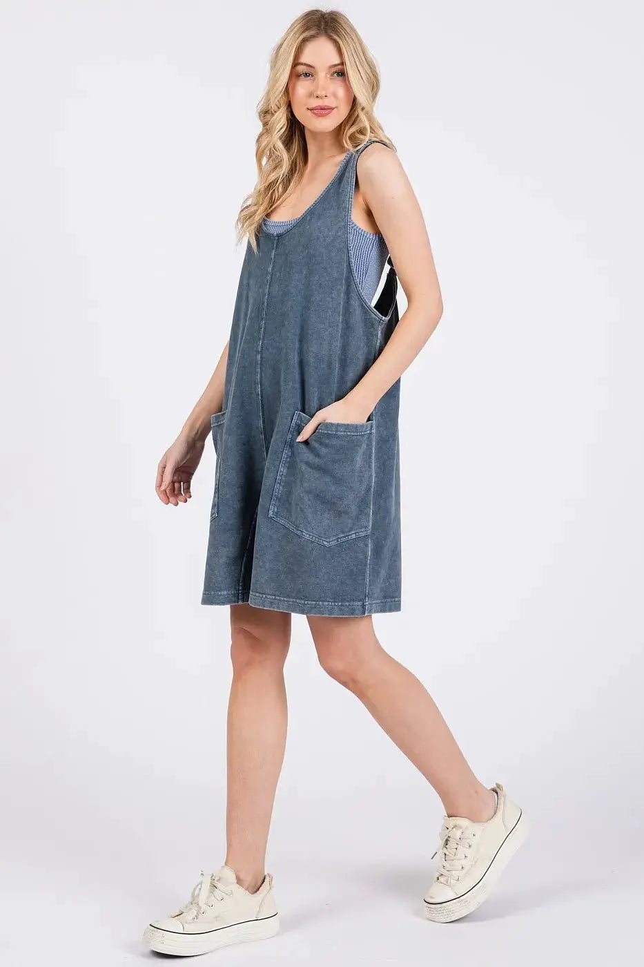 Mittoshop Low Scoop Neck Tank Washed French Terry Romper by Trendsi