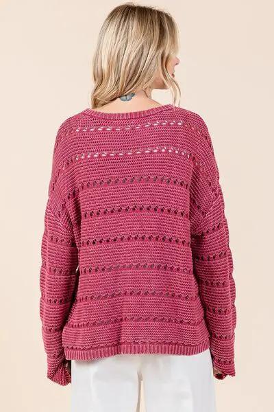 Mittoshop Openwork Round Neck Drop Shoulder Sweater by Trendsi