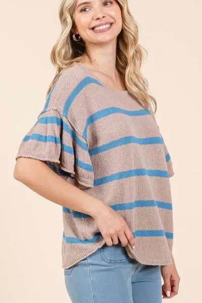 Mittoshop Striped Flounce Sleeve Knit Top by Trendsi