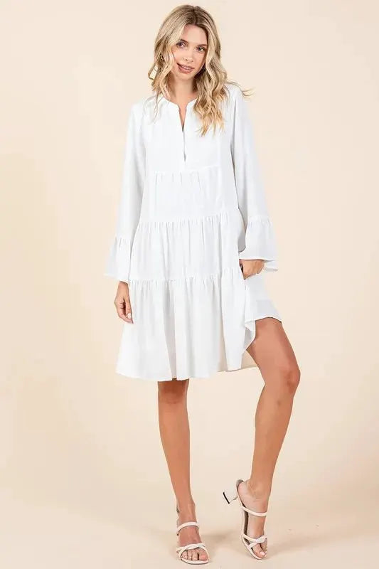Mittoshop Tiered Notched Flare Sleeve Dress by Trendsi