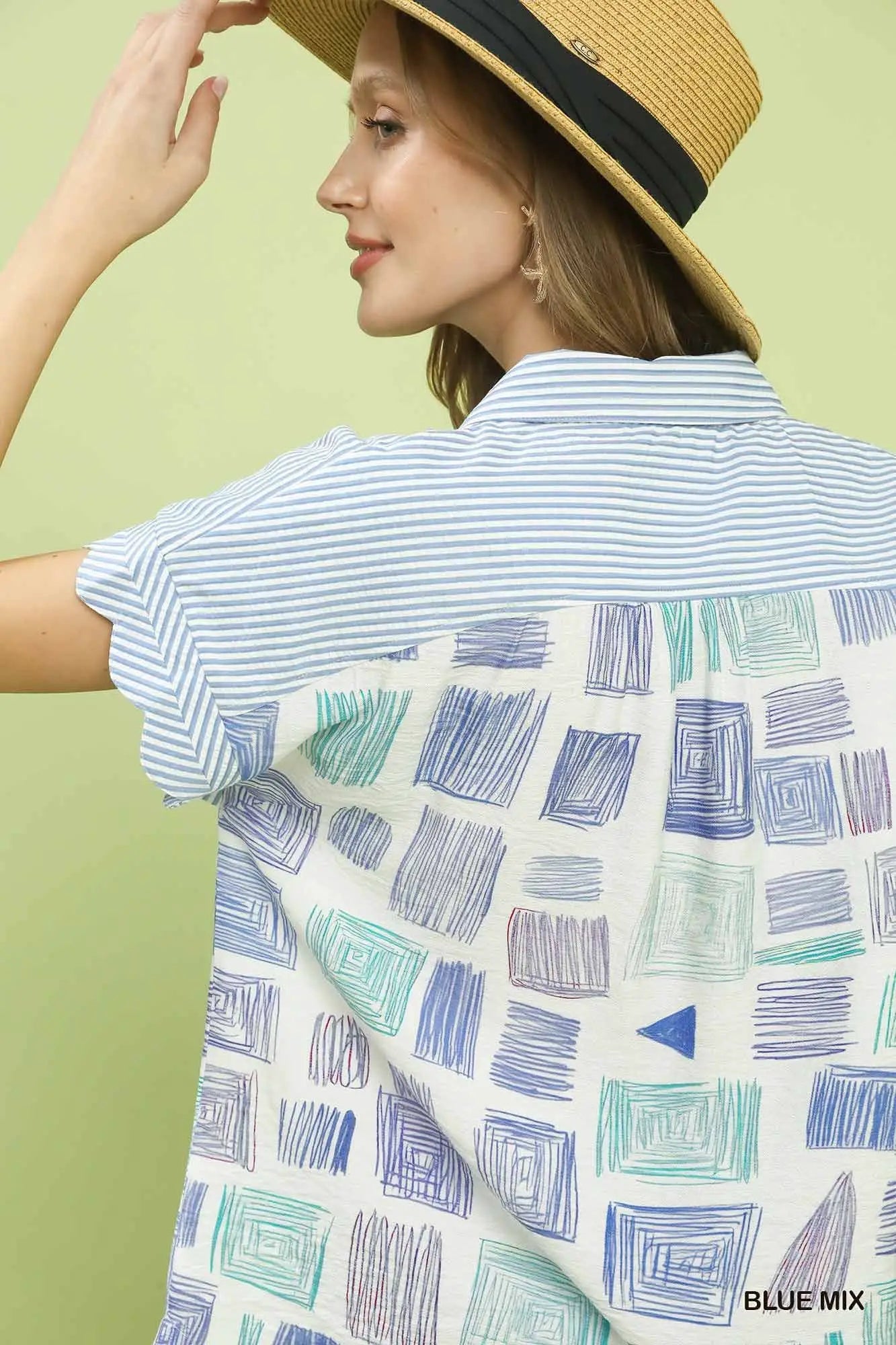 Mixed Media Print Button Front Collared Top by Trendsi