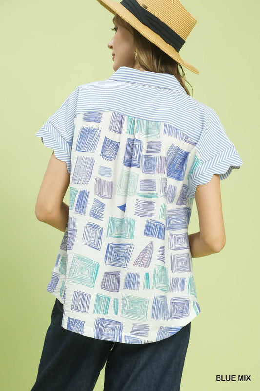 Mixed Media Print Button Front Collared Top - Bitsy Gypsy Boutique