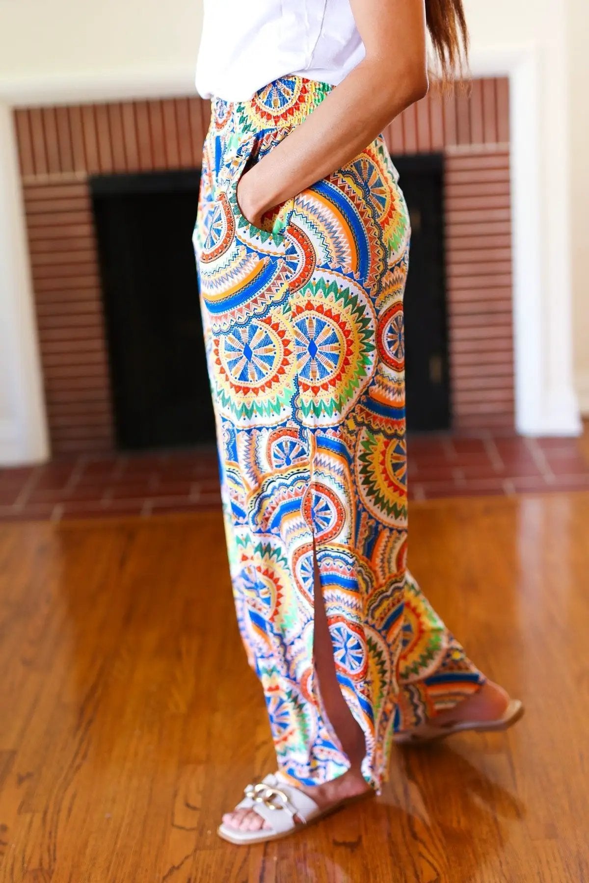 Multicolor Mandala Smocked Waist Side Slit Palazzo Pants by AndTheWhy