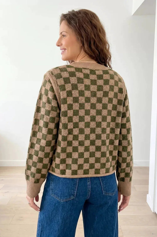 Multicolour Drop Shoulder Plaid Knit Long Sleeve Sweater - Bitsy Gypsy Boutique