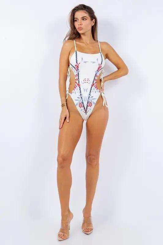 ONE PIECE SIDE CUTOUT FRONT CHERRY BLOSSOM PRINTS by Mermaid Swimwear