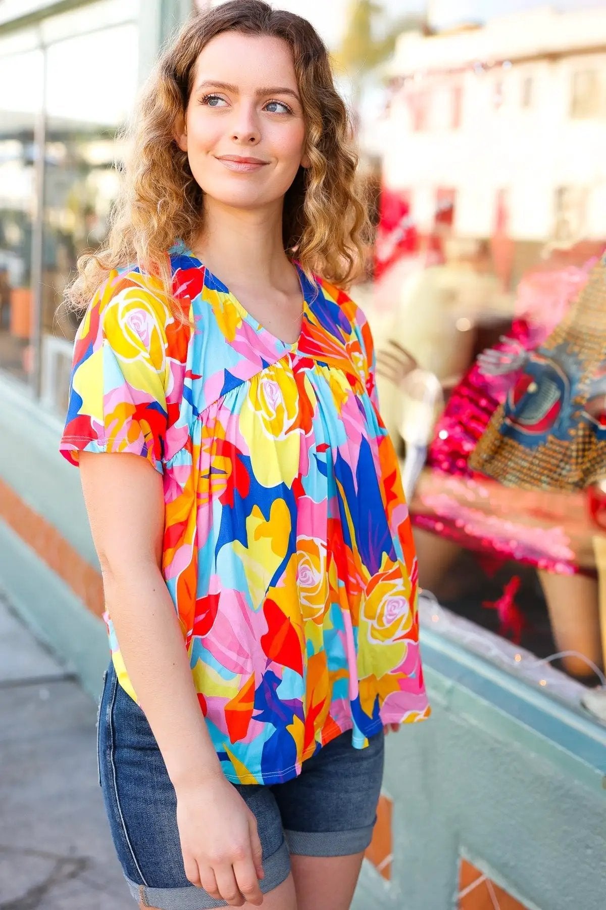 Orange & Yellow Geometric Floral V Neck Dolman Top by Haptics